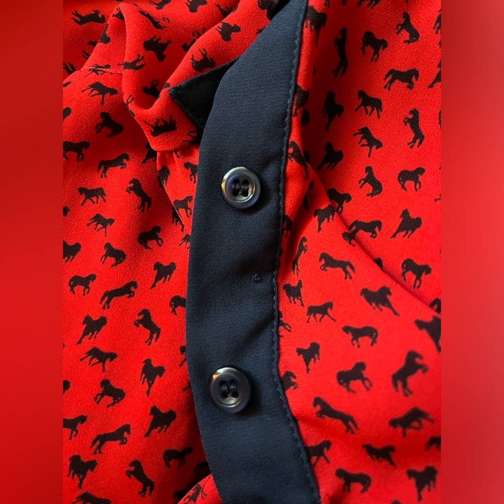 Free People Red Blouse Blue Equestrian Horses Blouse - Picture 9 of 11